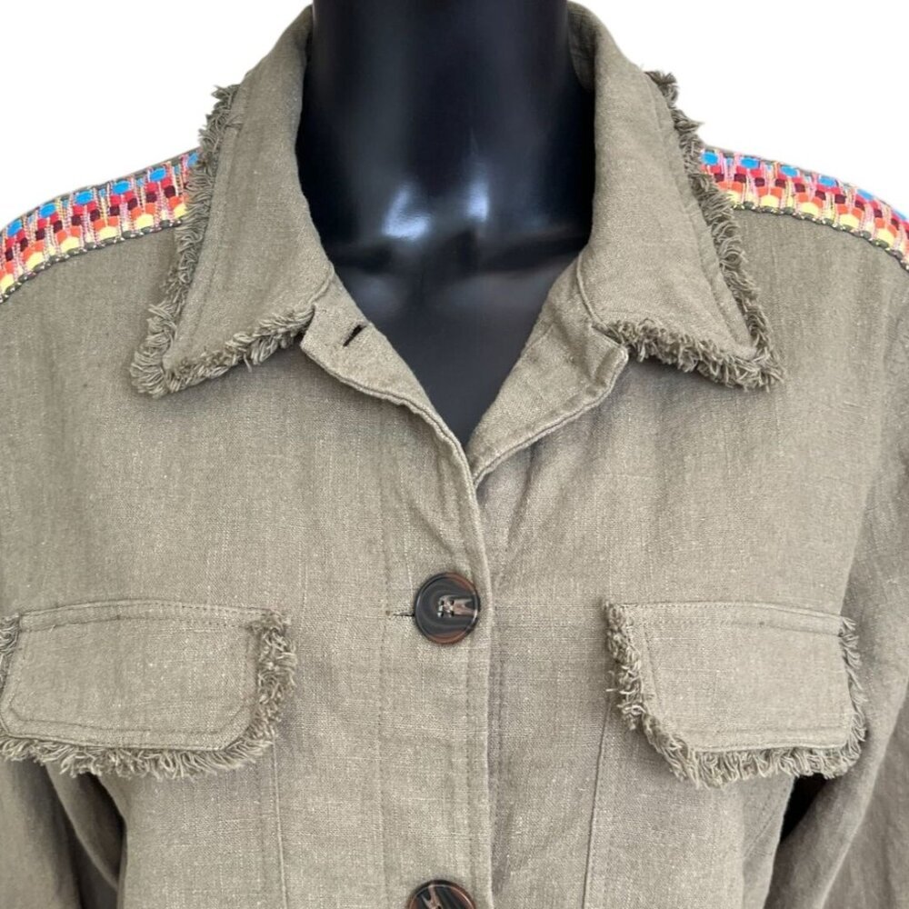 Moon River Anthropologie Olive Embroidered Fringe Utility Jacket Boho Safari M - Picture 5 of 7